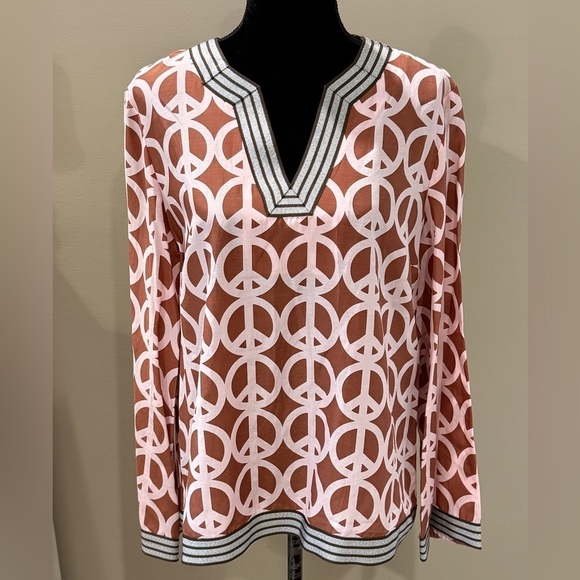 Jules Reid Tops - Women’s JULES REID Brown and pink peace sign printed tunic top- Size 14